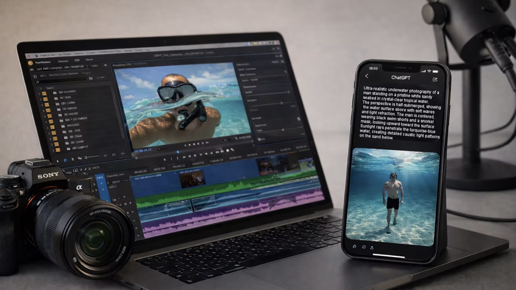 An edit in progress on a laptop beside a phone running an AI image prompt